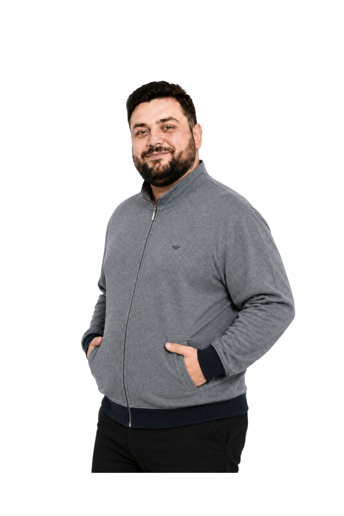 BattalModa Erkek Büyük Beden Melanj İndigo Selanik Dik Yaka Cepli Hırka 3XL-4XL-5XL-6XL-7XL-8XL görsel 2