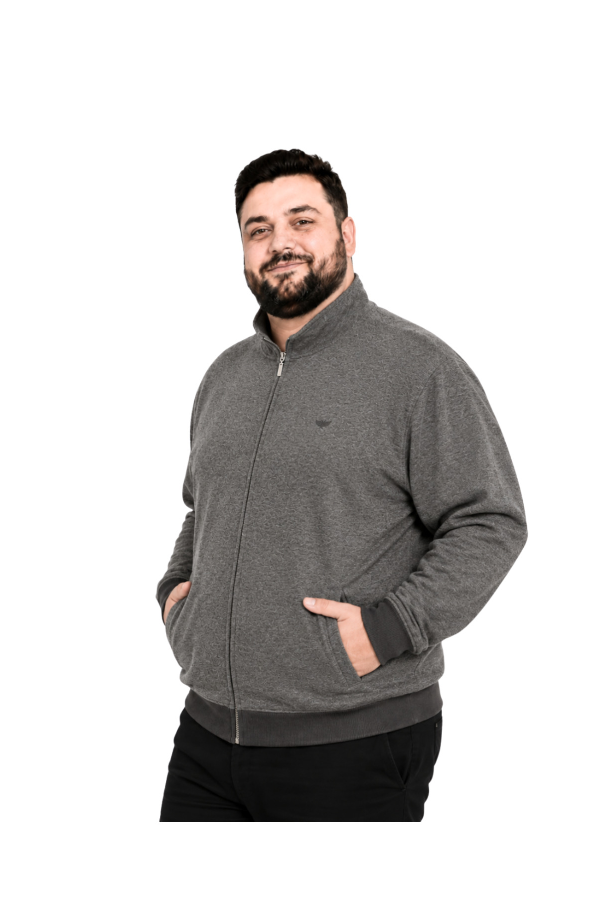 BattalModa Erkek Büyük Beden Melanj Bej Selanik Dik Yaka Cepli Hırka 3XL-4XL-5XL-6XL-7XL-8XL görsel 2