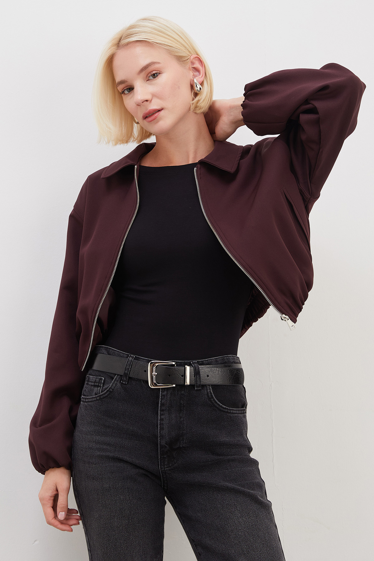 Fulla Moda Fermuarlı Polo Yaka Bomber Ceket görsel 3