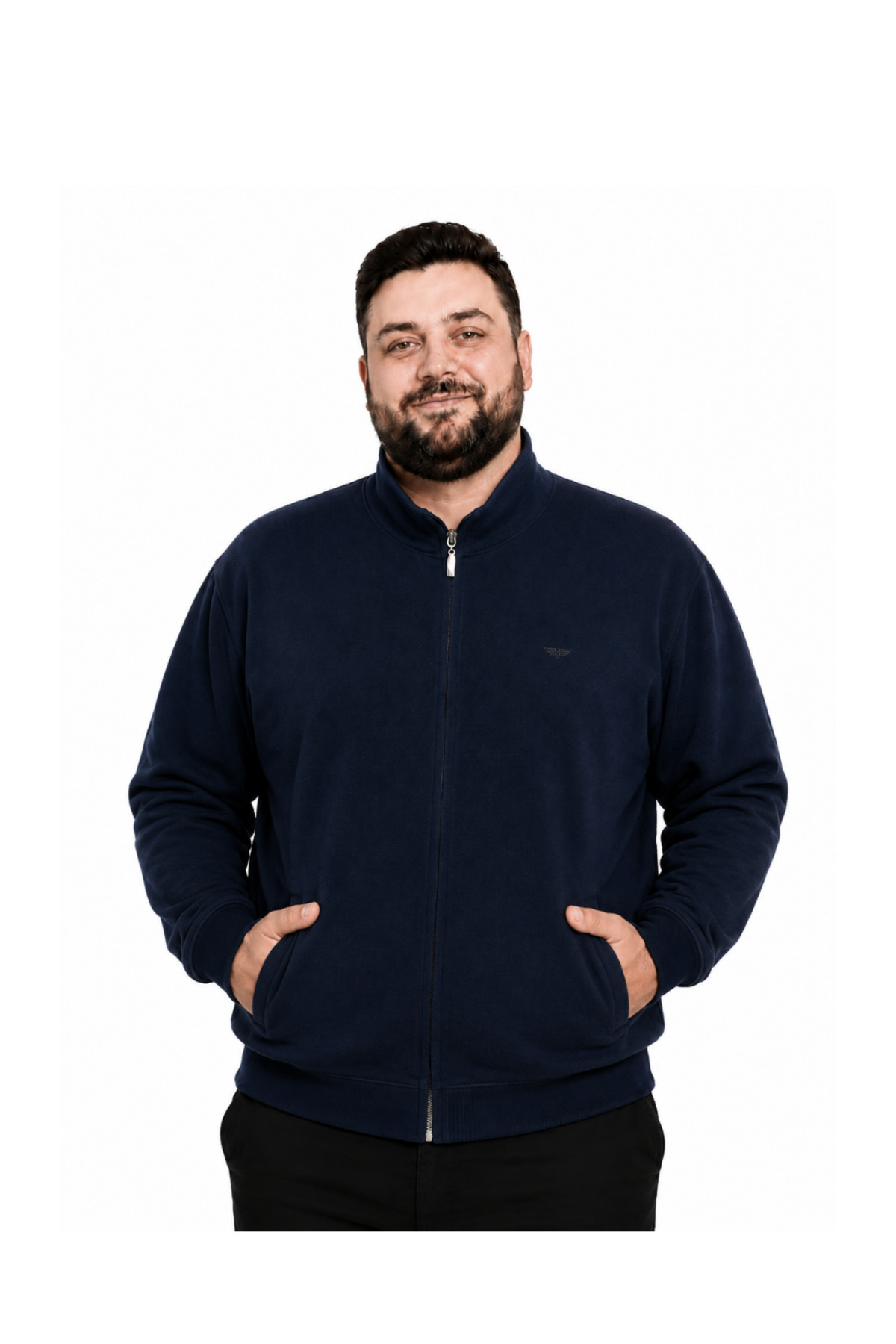 BattalModa Erkek Büyük Beden Lacivert Selanik Dik Yaka Cepli Hırka 3XL-4XL-5XL-6XL-7XL-8XL