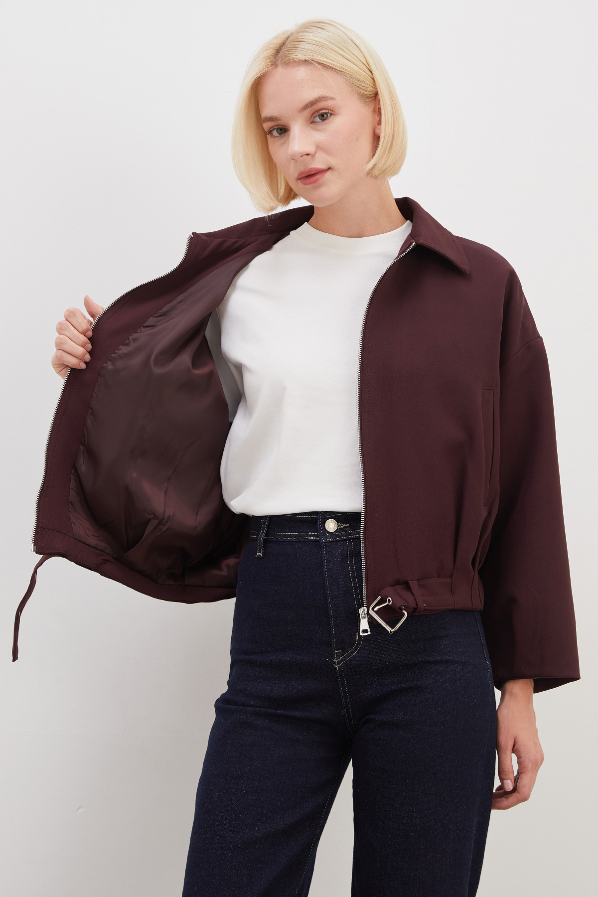 Fulla Moda Beli Kemerli Pileli Polo Yaka Kısa Trençkot görsel 5