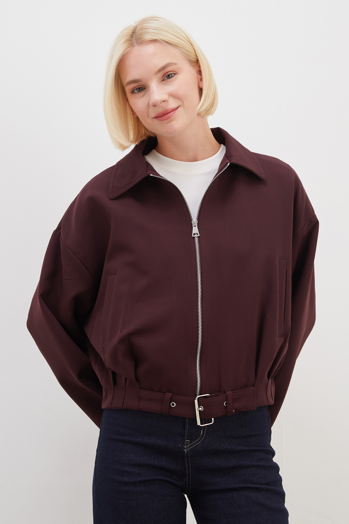 Fulla Moda Beli Kemerli Pileli Polo Yaka Kısa Trençkot görsel 6
