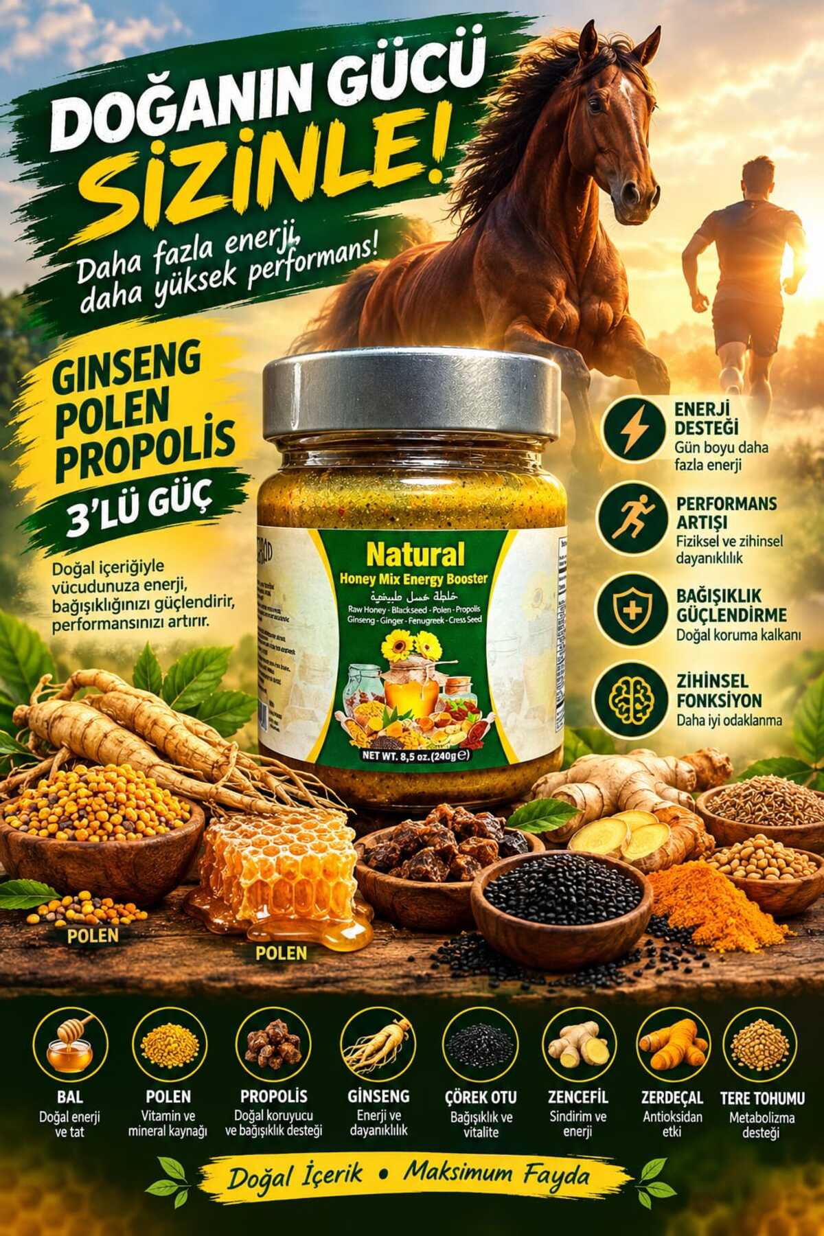 Seel Nat-Prod Ginseng Atom Bal Propolis Polen Çörek Otu Bitkisel Karışımlı Doğal Kuvvet Macun 240 gr — 8680101346294--mac