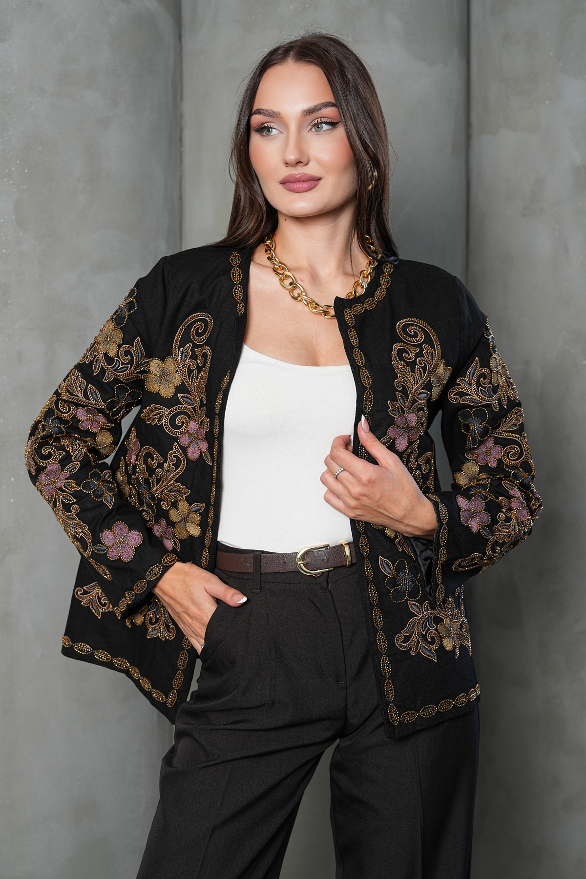 FancyWorld Desenli İnce Boncuk Nakış İşlemeli Premium Ceket görsel 7