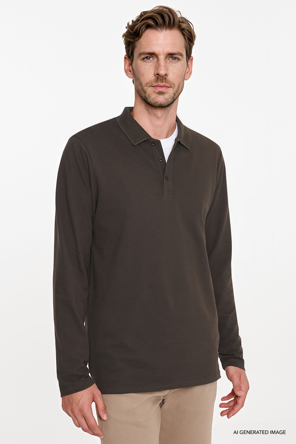AC&Co / Altınyıldız Classics Erkek Kahverengi %100 Pamuk Standart Fit Normal Kesim Polo Yaka Sweatshirt