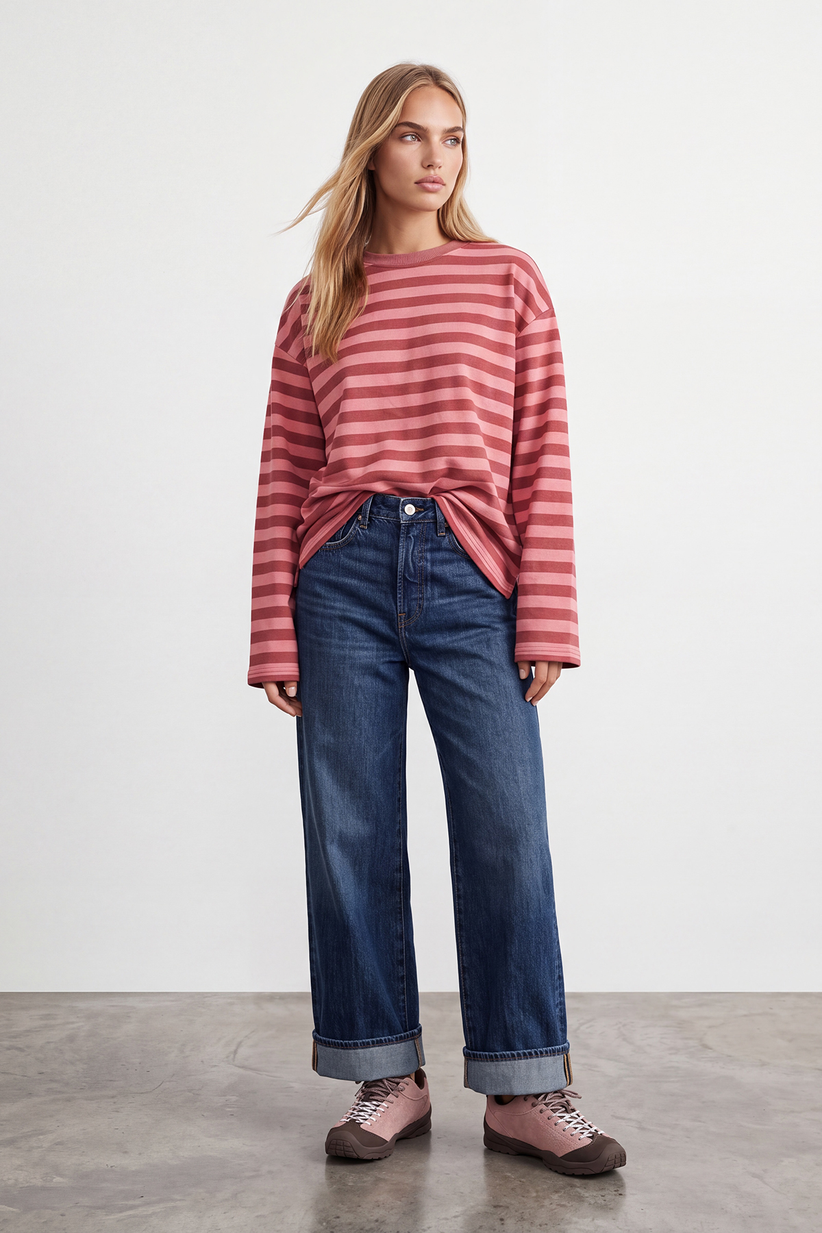 Trend Alaçatı Stili Kadın Pudra Pembe Ribana Bisiklet Yakalı Çizgili Oversize Sweatshirt Alc-X15870 görsel 3