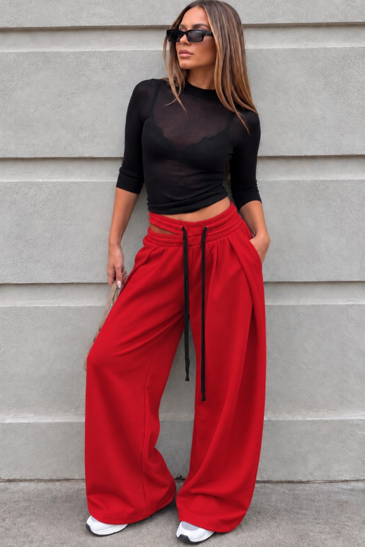 World Fashion Trends Kadın Bel Dekolteli Çift Lastik Detaylı Bol Paça Eşofman Altı görsel 2