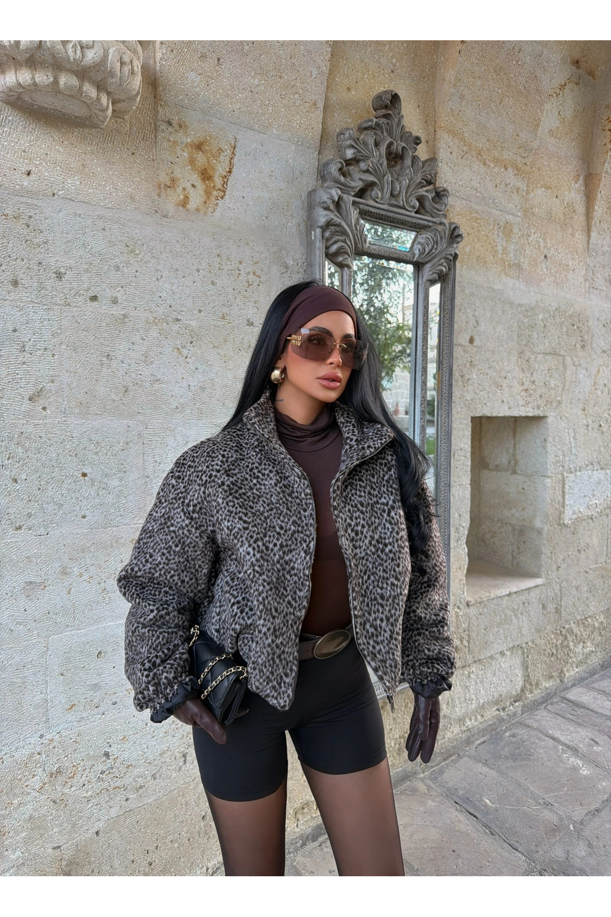 kırmızı butiks Leopar Kaşe Mont