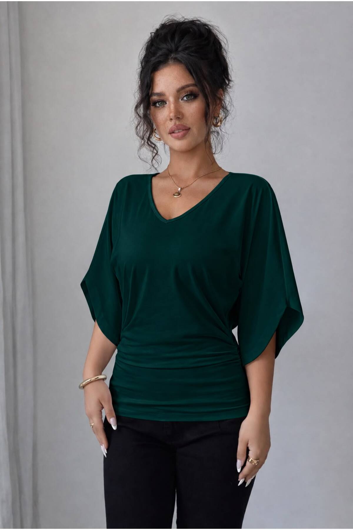 Lucky Line TIFANNY Kadın V Yaka Likralı Viskon Bluz, Drapeli Şık ve Rahat Üst Cilek Orgu Kumas (Farkli Doku) görsel 2