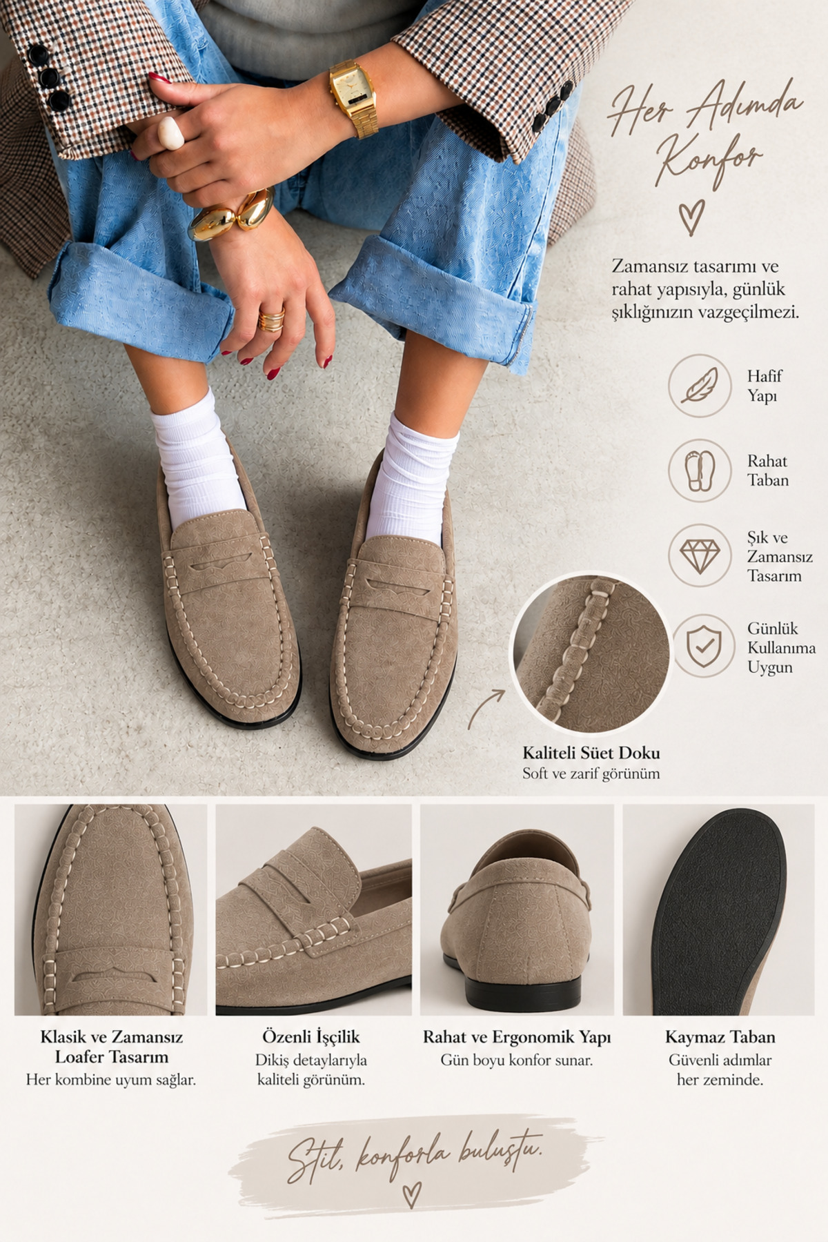 HVZ Exclusive Vizon Süet Kadın Günlük Rahat Ergonomik Mary Jane Makosen Ayakkabı Loafer back to school görsel 2
