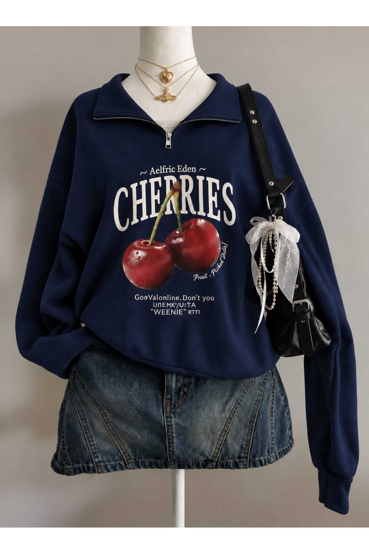 Unisex Erkek/Kadın CHERRIES Renkli Özel Baskılı Pamuklu Oversize Kapüşonlu Sweatshirt — رنگارنگ CHERRIES-KAPŞON-COHERENT-