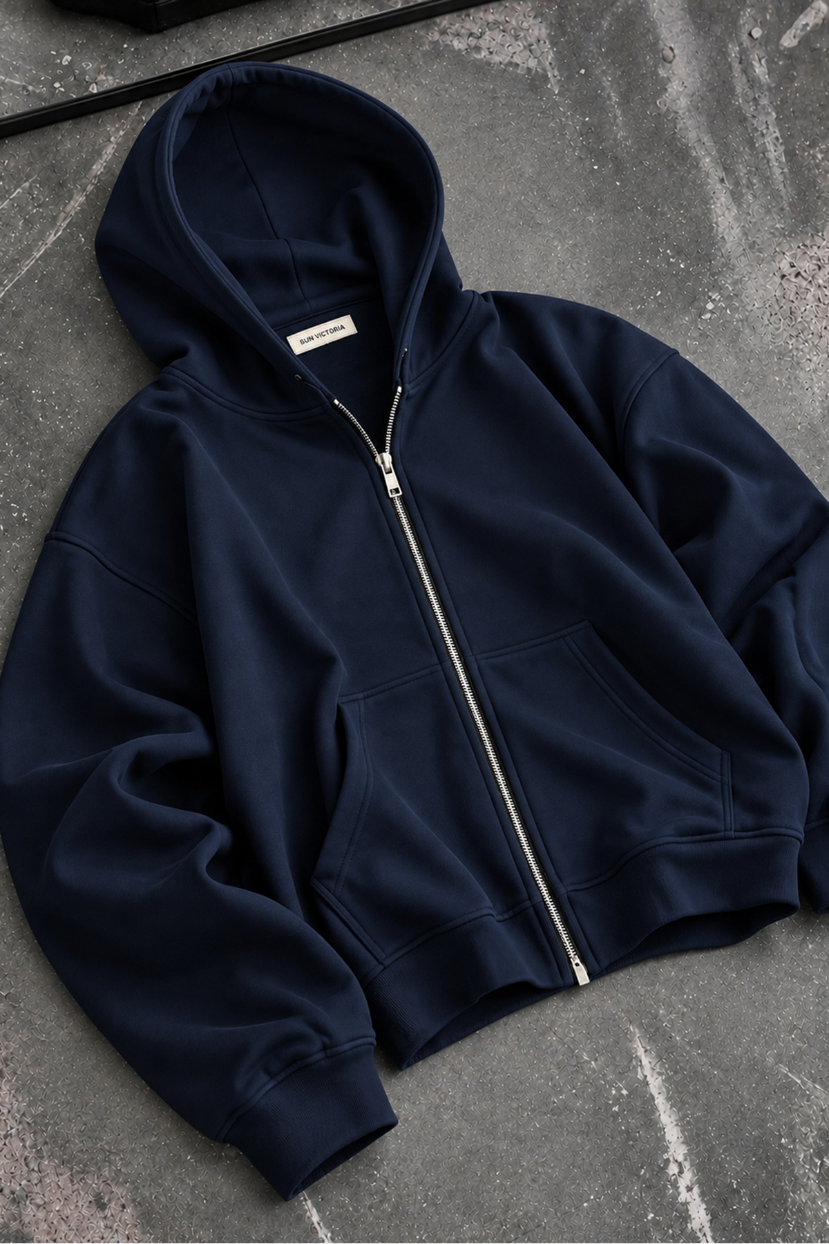 Sun Victoria Lacivert Modal Oys Kumaş Demir Fermuarlı Kapüşonlu Cepli Oversize Sweatshirt görsel 4