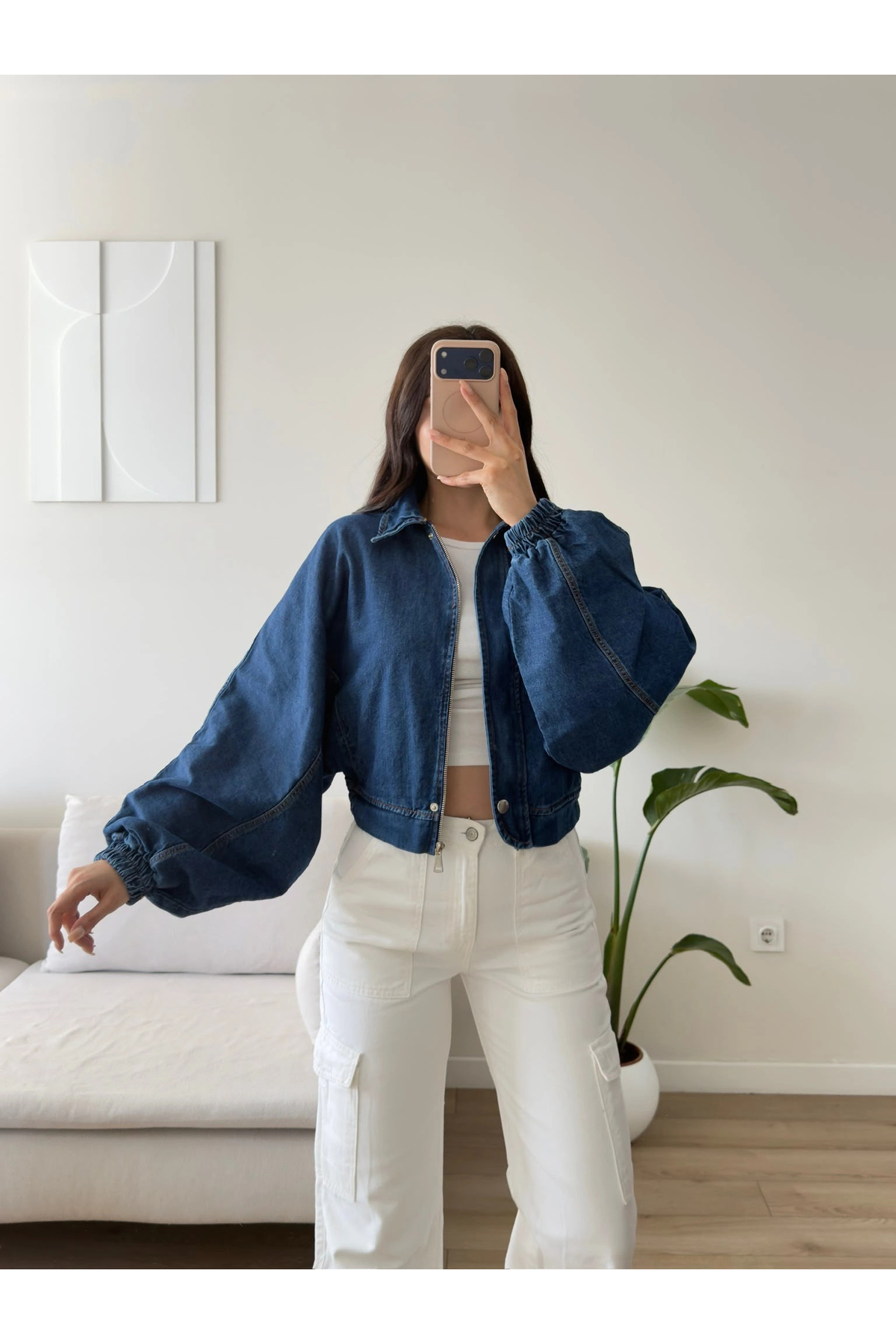 Zoom Butik Yarasa Balon Kol Denim Ceket - KOYUMAVİ görsel 7