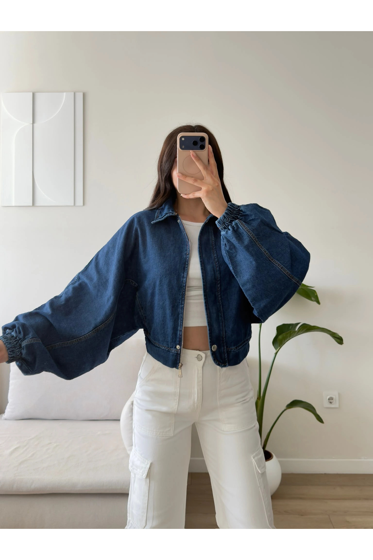Zoom Butik Yarasa Balon Kol Denim Ceket - KOYUMAVİ görsel 5