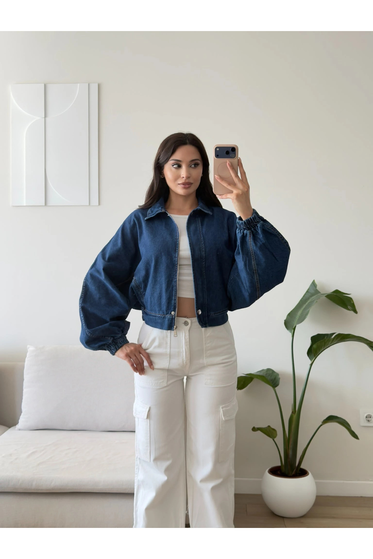 Zoom Butik Yarasa Balon Kol Denim Ceket - KOYUMAVİ