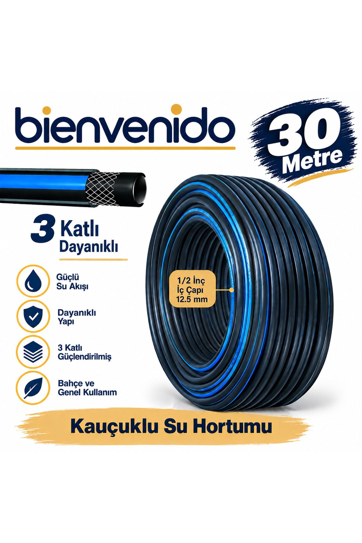 Dayanıklı 30 Metre 3 Katlı Sağlam Termo Kauçuklu Bahçe Su Hortumu Sulama Yıkama Hortum 12.5 mm 1/2" BIE-HRT-30M-125, one size