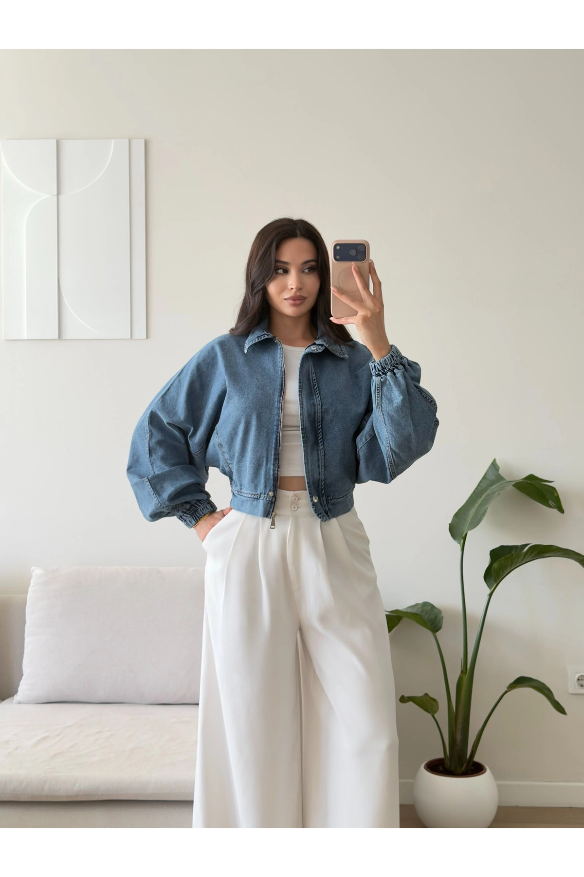 Zoom Butik Yarasa Balon Kol Denim Ceket - AÇIK MAVİ