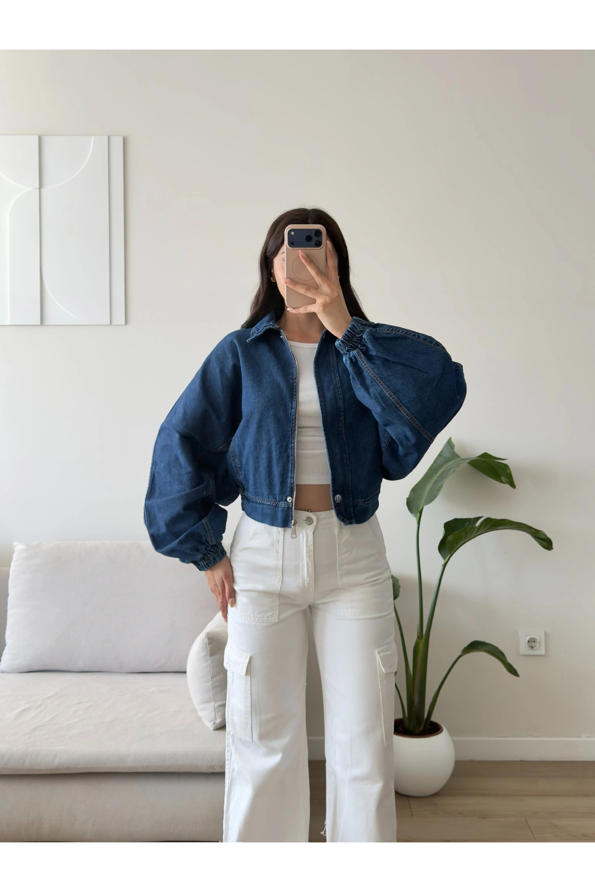 Zoom Butik Yarasa Balon Kol Denim Ceket - KOYUMAVİ görsel 6