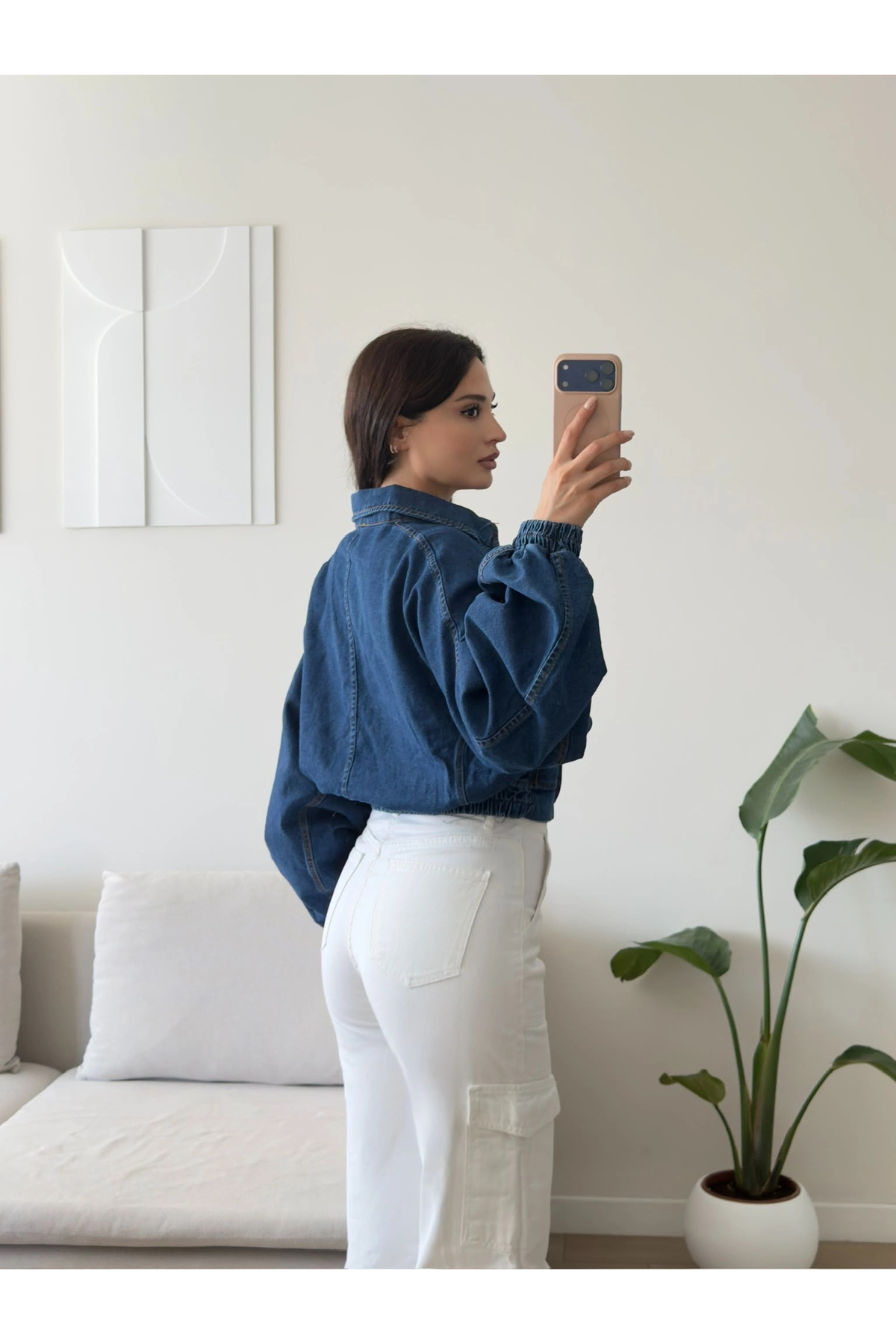 Zoom Butik Yarasa Balon Kol Denim Ceket - KOYUMAVİ görsel 2
