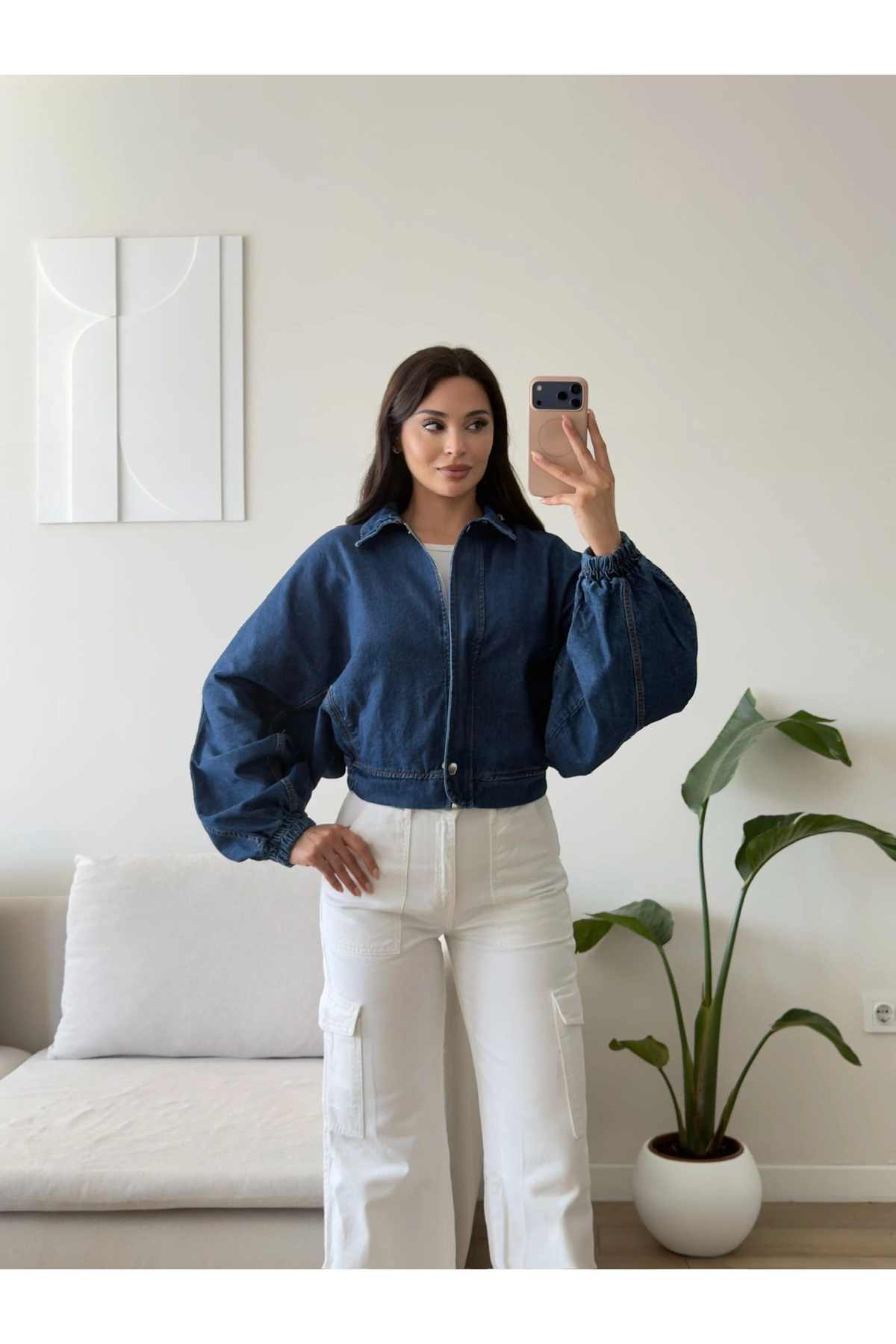 Zoom Butik Yarasa Balon Kol Denim Ceket - KOYUMAVİ görsel 4