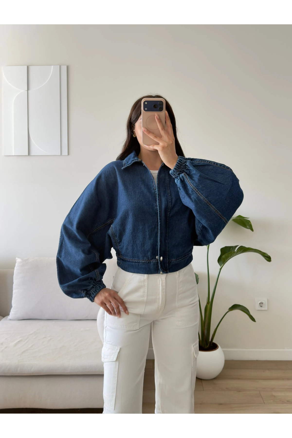Zoom Butik Yarasa Balon Kol Denim Ceket - KOYUMAVİ görsel 8