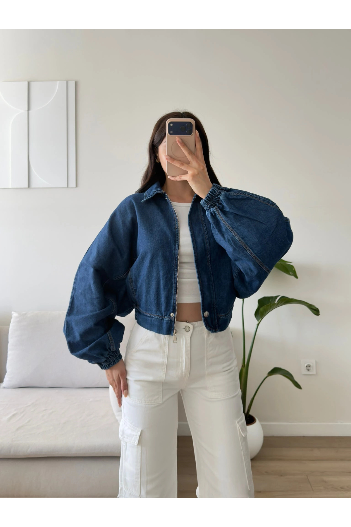 Zoom Butik Yarasa Balon Kol Denim Ceket - KOYUMAVİ görsel 3