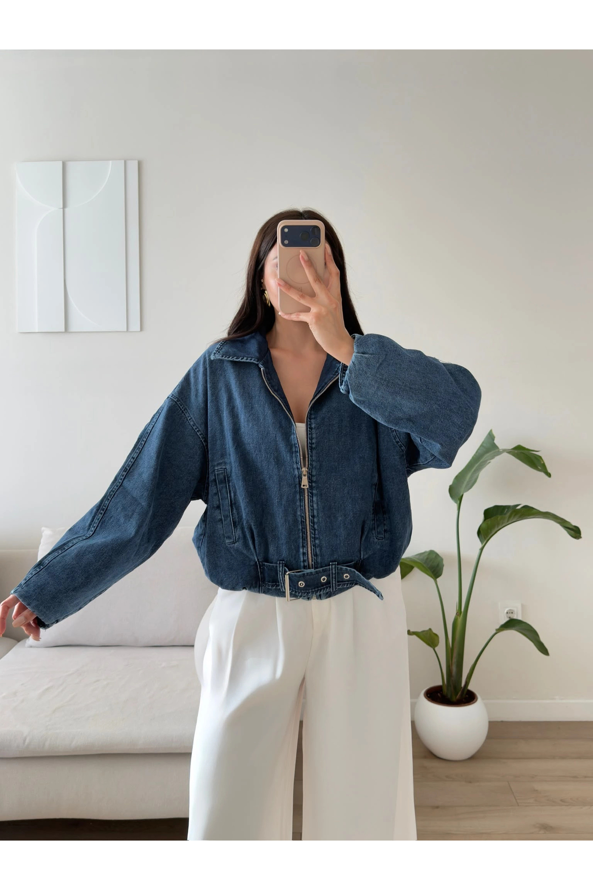 Zoom Butik Kemerli Yarasa Denim Ceket - KOYU görsel 3
