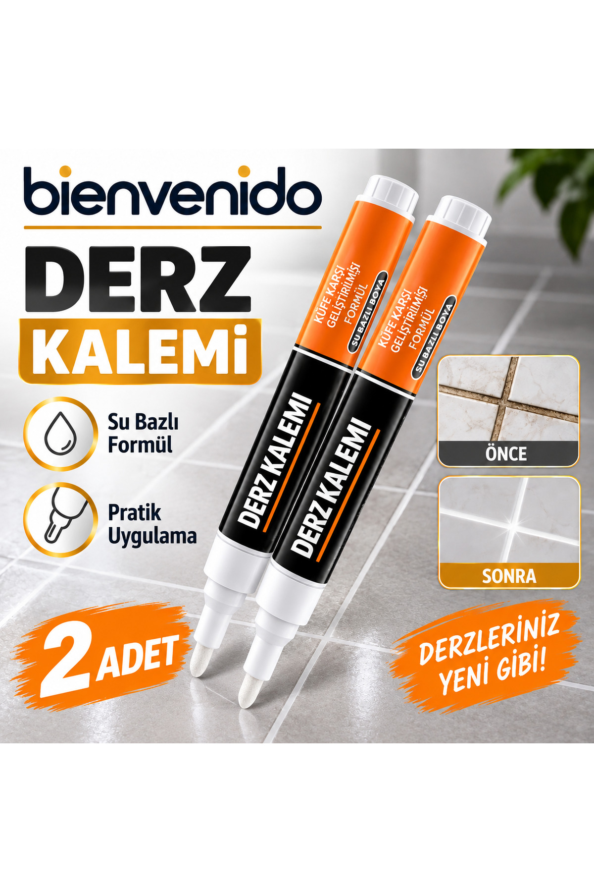 2 Adet Beyaz Fayans Arası Hazır Derz Dolgusu Boyama Boyası Kalemi (Yedek Uçlu) Su Bazlı Yenileme