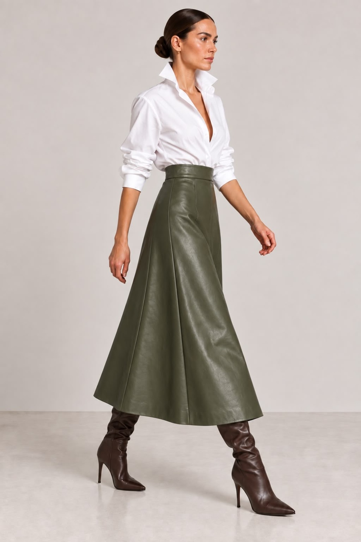Grenj Fashion Haki Suni Deri Yüksek Bel Maxi Etek görsel 5