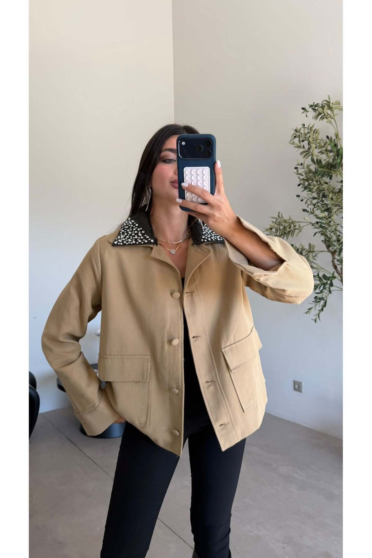 Bade Butik Camel Deri Yaka Taşlı Ceket görsel 5