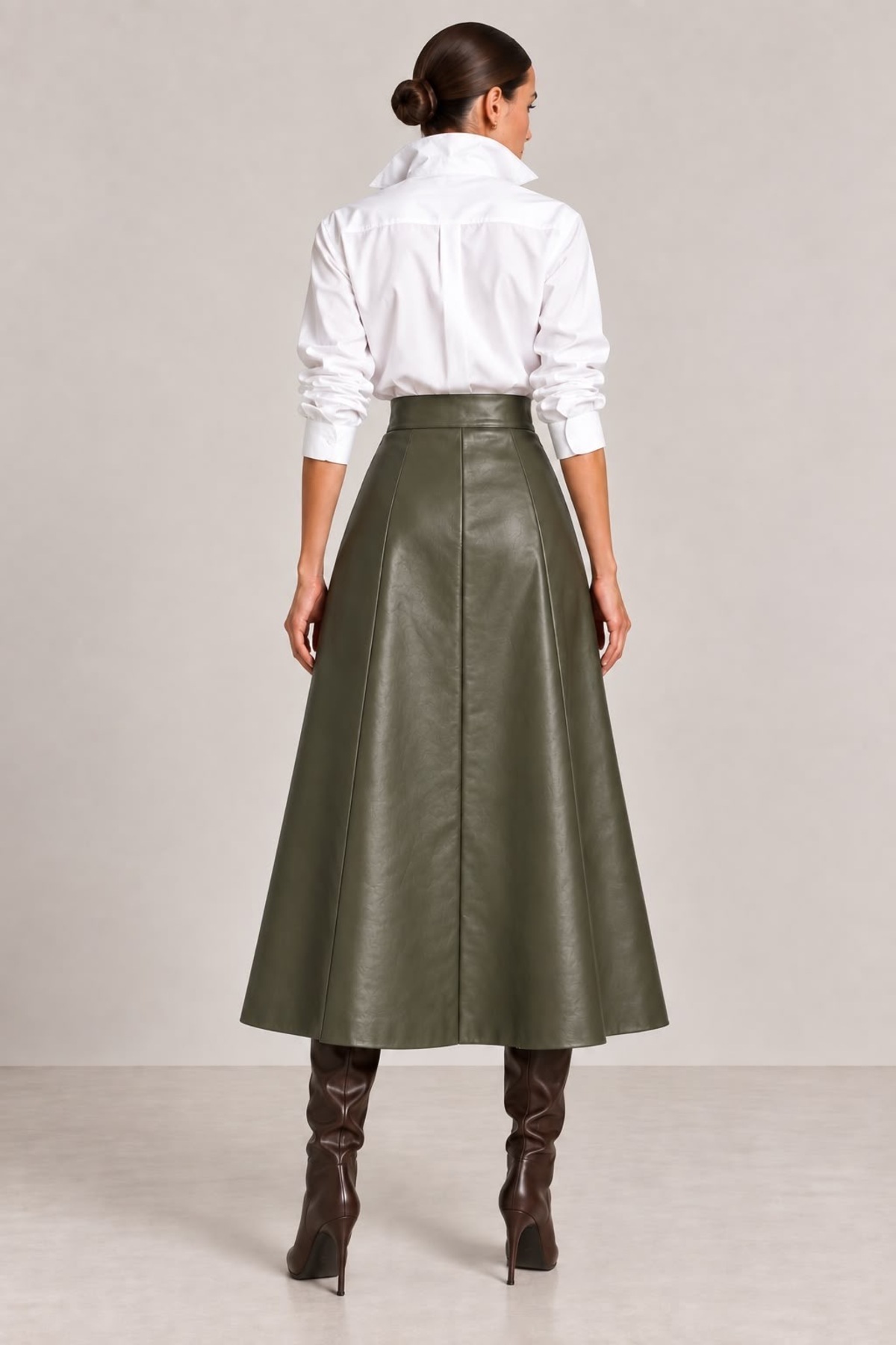 Grenj Fashion Haki Suni Deri Yüksek Bel Maxi Etek görsel 7