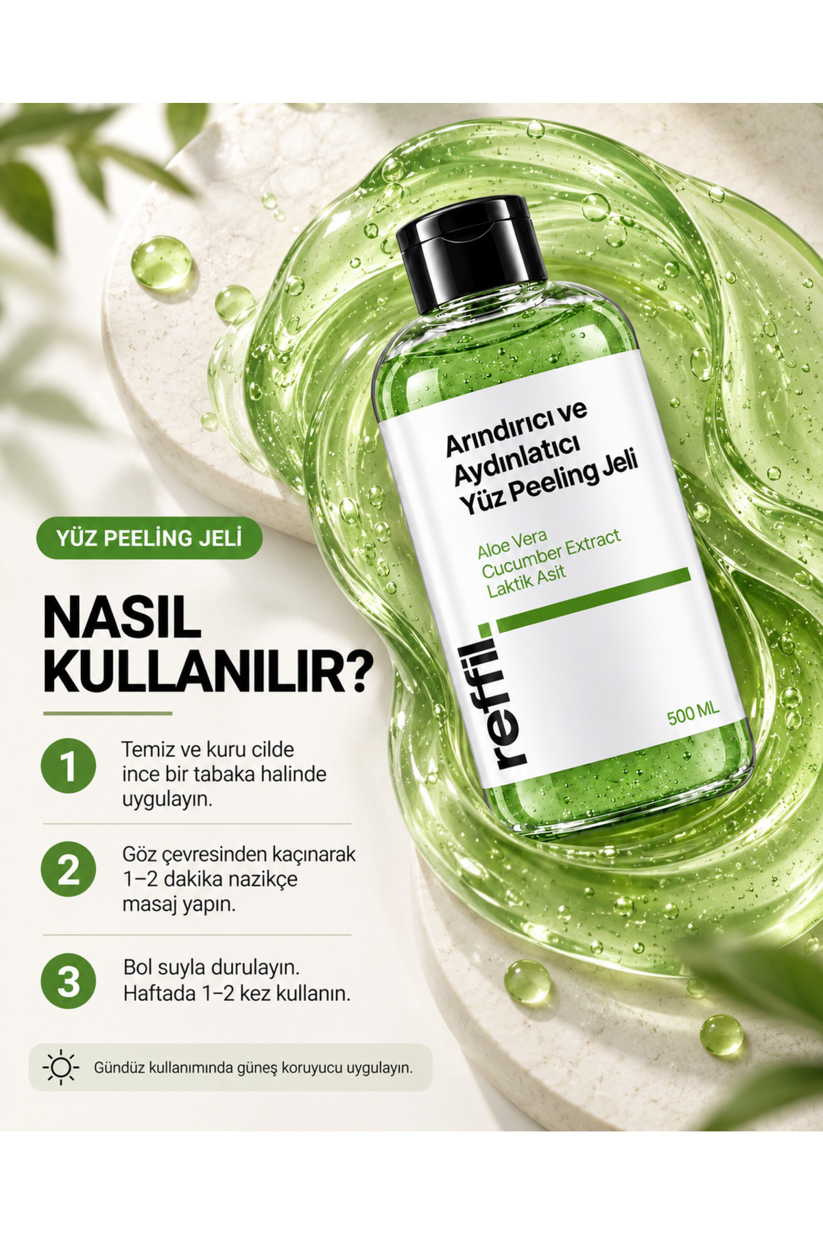 Arındırıcı Nemlendirici ve Aydınlatıcı Yüz Peeling Jeli - Aloe Vera, Salatalık Özü, Laktik Asit 500 ml — reffil0002 — تصویر 7 از 8