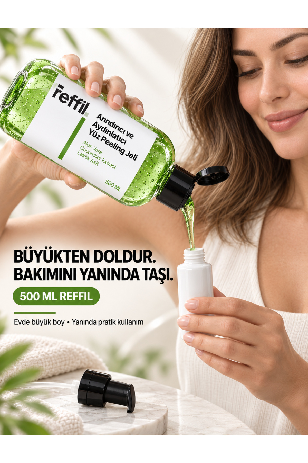 Arındırıcı Nemlendirici ve Aydınlatıcı Yüz Peeling Jeli - Aloe Vera, Salatalık Özü, Laktik Asit 500 ml — reffil0002 — تصویر 3 از 8