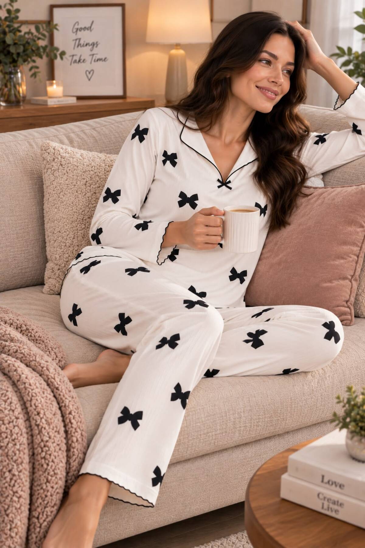 Arvin Pijama Kadın Kurdele Desenli Yumuşak Dokulu Şardonlu Kışlık Pamuklu Uzun Kol Rahat Kalıp Pijama Takımı görsel 4
