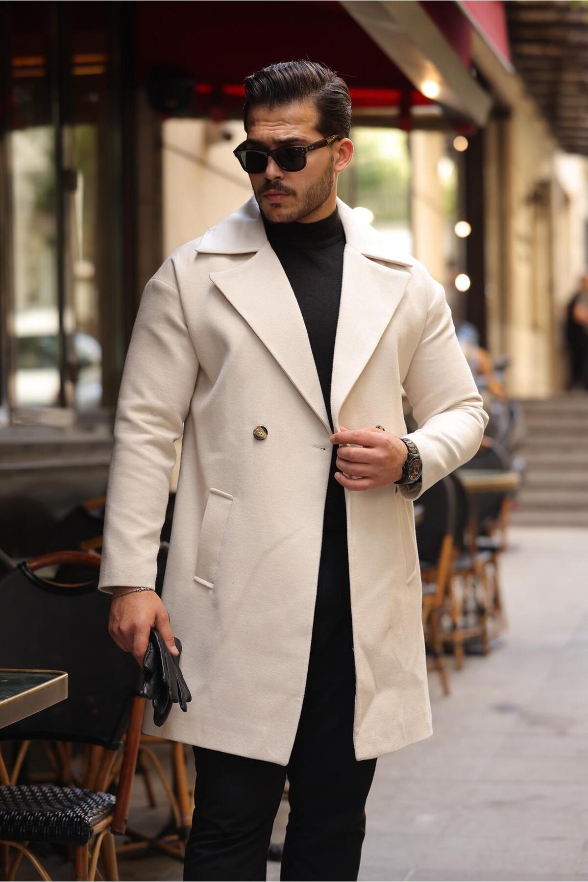 Oversize Kruvaze Yaka Düğmeli Kaban — کرم OKBN — تصویر 3 از 4