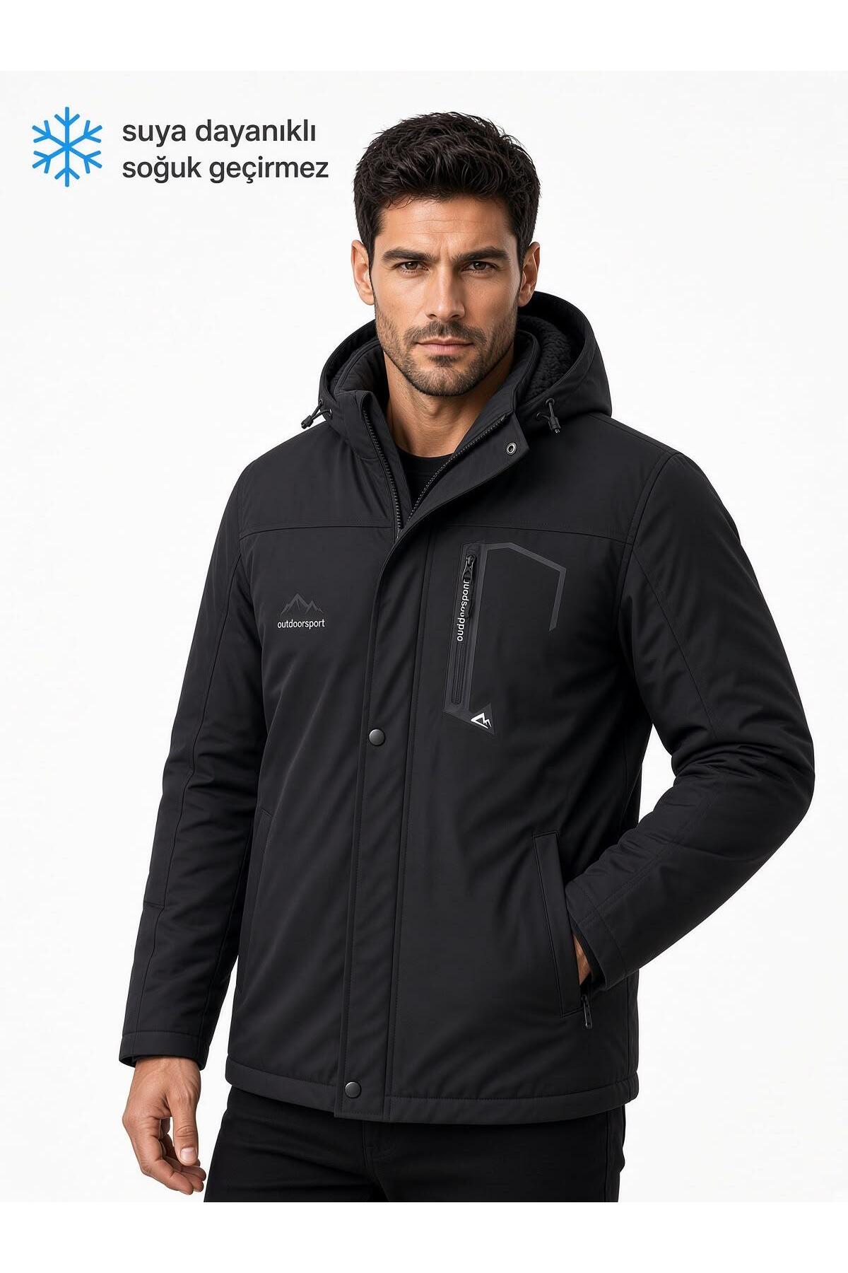 Tuc 2034 İçi Polar/Kürk Astarlı Su İtici Termal Softshell Erkek Mont - Soğuk Geçirmez Spor Kaban Büyük Beden Erkek Mont — مشکی tuc2034em — تصویر 4 از 5