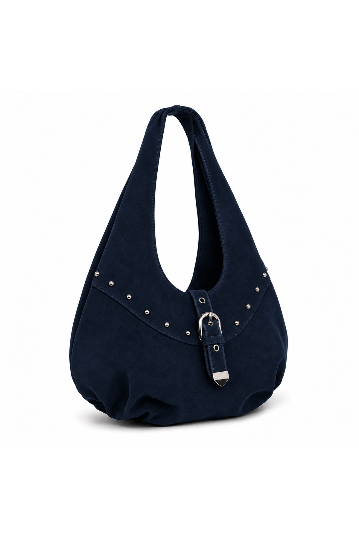 Elviora Noire Stud Kadın Lacivert Süet Hobo Omuz Çantası, Silver Tokalı Metal Detaylı Geniş Model görsel 2