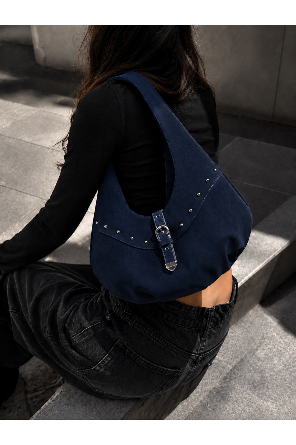 Elviora Noire Stud Kadın Lacivert Süet Hobo Omuz Çantası, Silver Tokalı Metal Detaylı Geniş Model görsel 5
