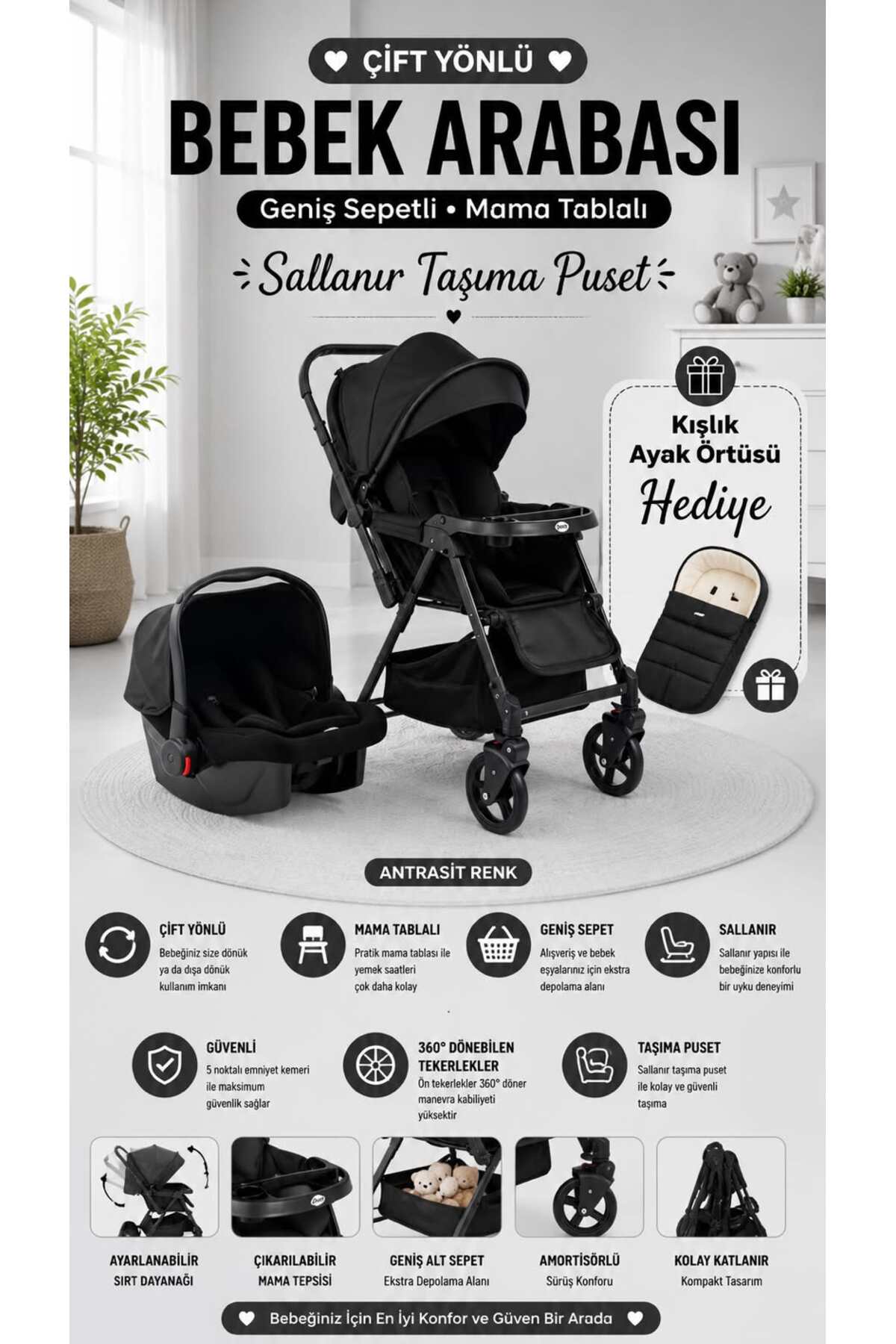 TURHANBEBE Trendy Plus Tam Yatış Pozisyonu Çift Yönlü Mama Tablalı Geniş Sepetli Bebek Arabası Sallanır Taşıma Puset Kışlık Ayak Örtüsü Hediye