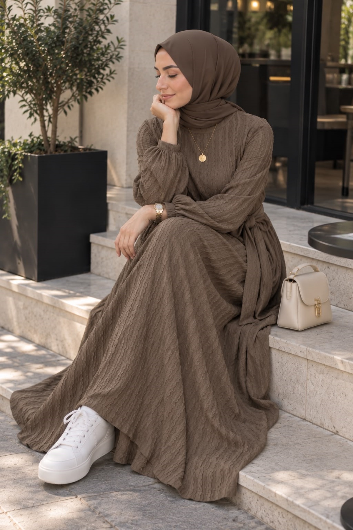 Wise&Go Store Kadın Kuşaklı Dokulu Tesettür Elbise, Uzun Kollu Günlük Elbise görsel 2