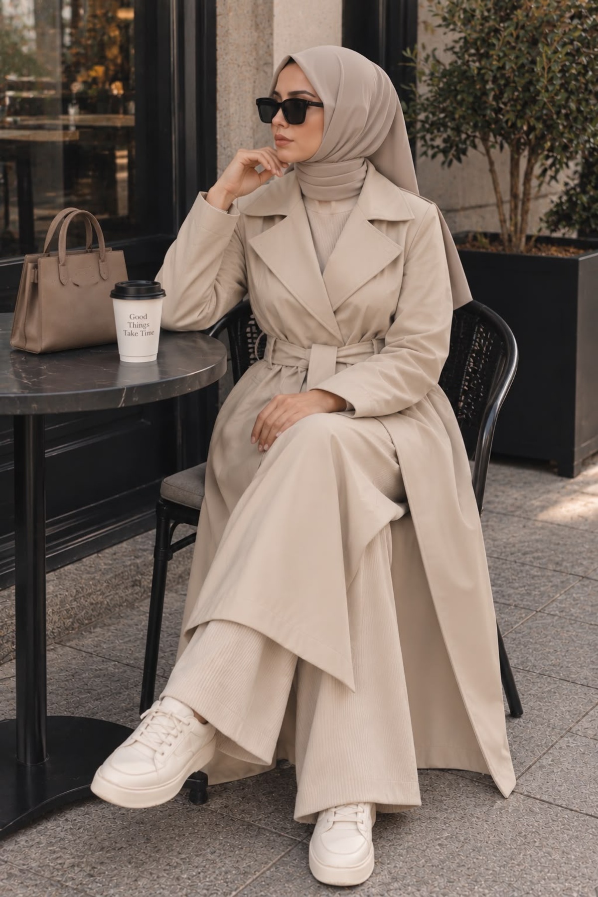 Wise&Go Store Kadın Deri Görünümlü Kuşaklı Uzun Oversize Trençkot görsel 4