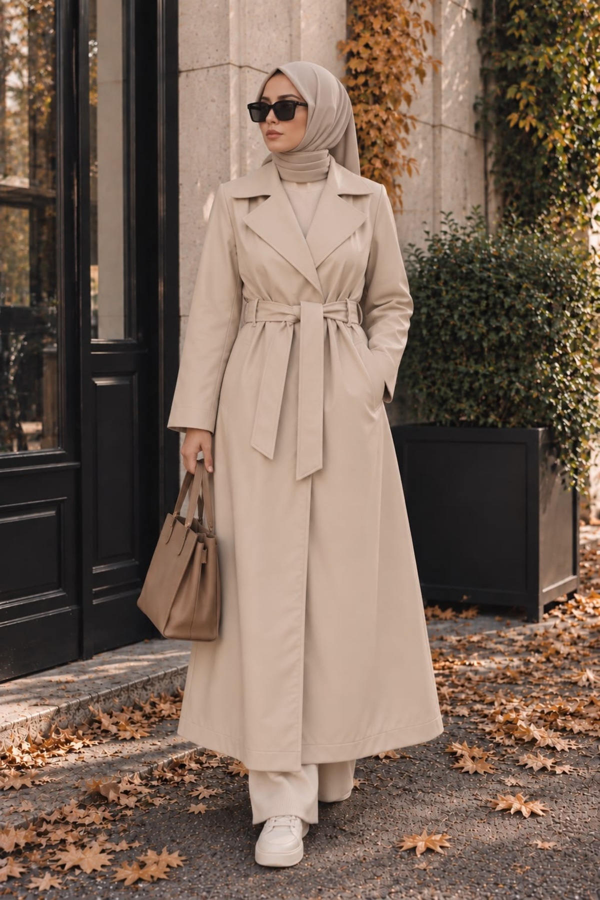 Wise&Go Store Kadın Deri Görünümlü Kuşaklı Uzun Oversize Trençkot görsel 3