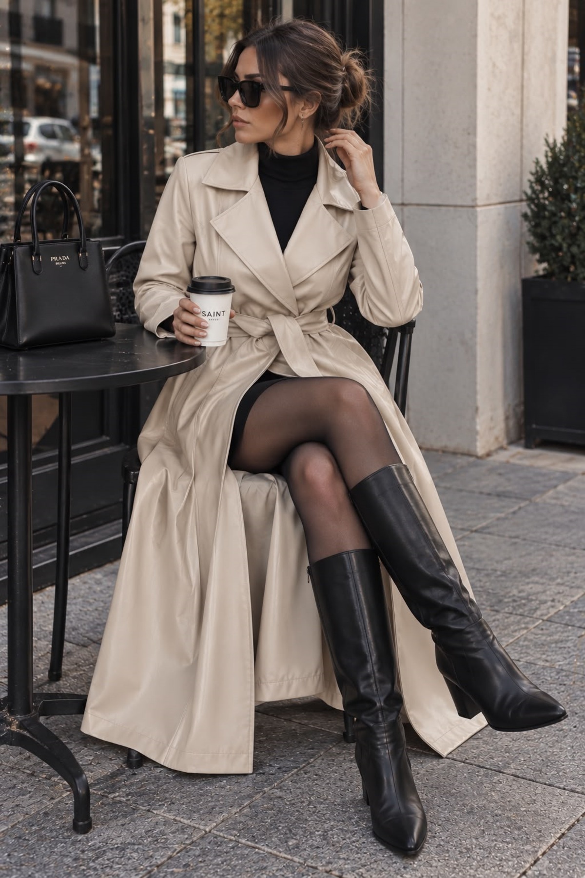 Wise&Go Store Kadın Deri Görünümlü Kuşaklı Uzun Oversize Trençkot görsel 2