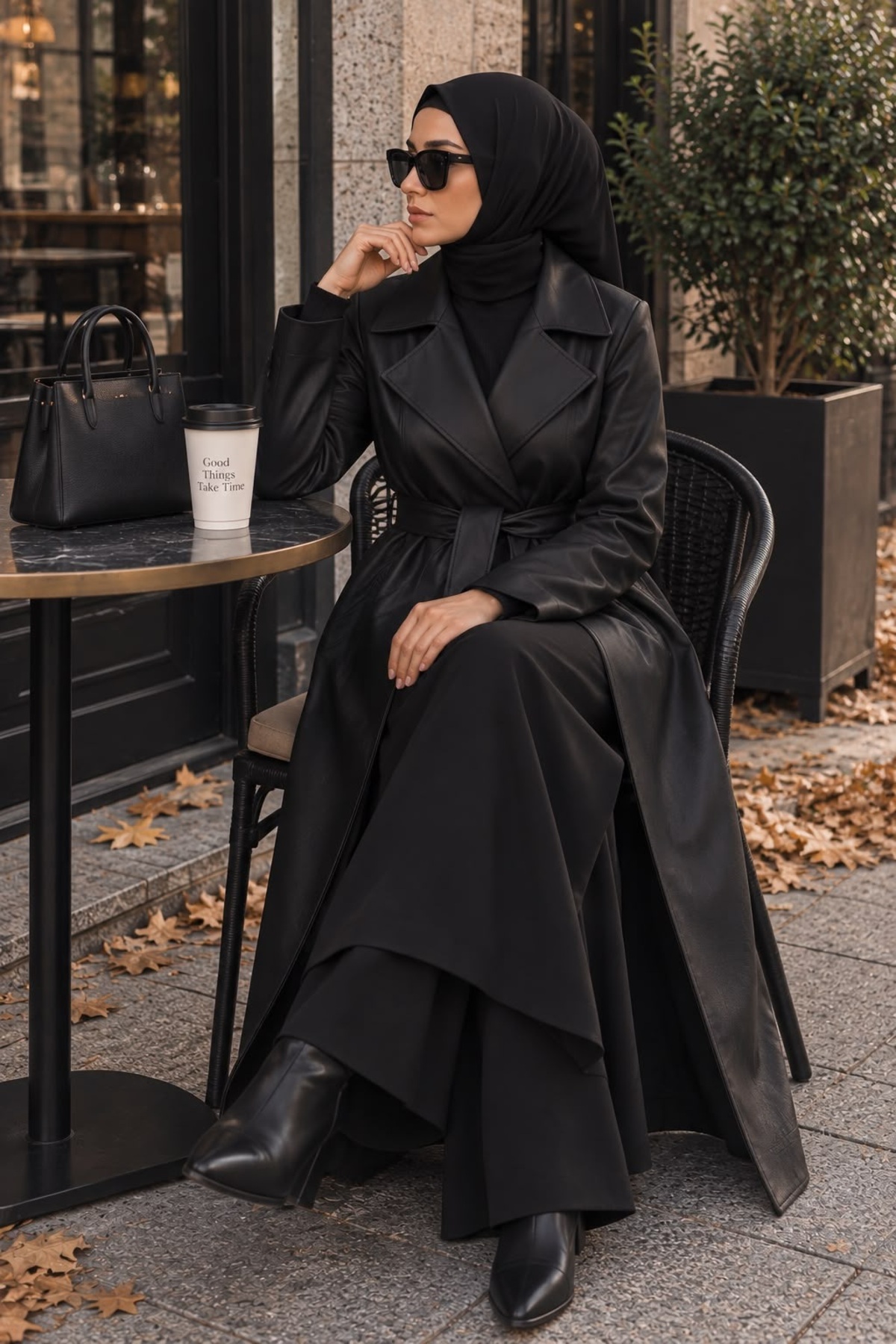 Wise&Go Store Kadın Deri Görünümlü Kuşaklı Uzun Oversize Trençkot görsel 4