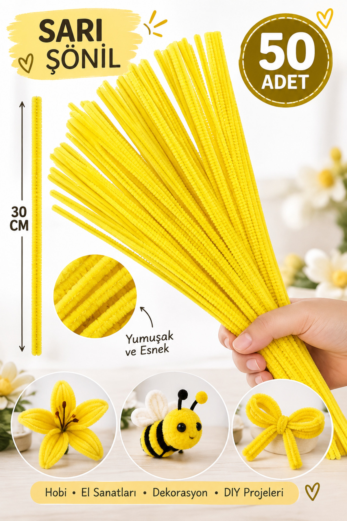 سیم شنیل زرد 50 عددی 30 سانتی‌متری – مناسب برای ساخت گل، سرگرمی و هنرهای دستی