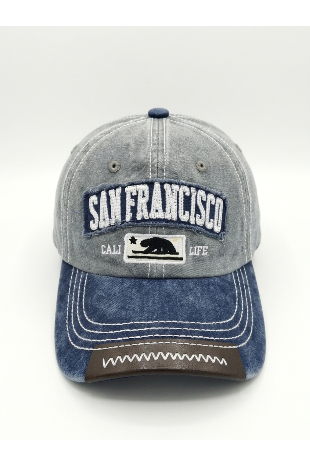 Genel Markalar Unisex Gri Mavi Vintage Eskitme "San Francisco Cali Life" Nakışlı Kep Şapka