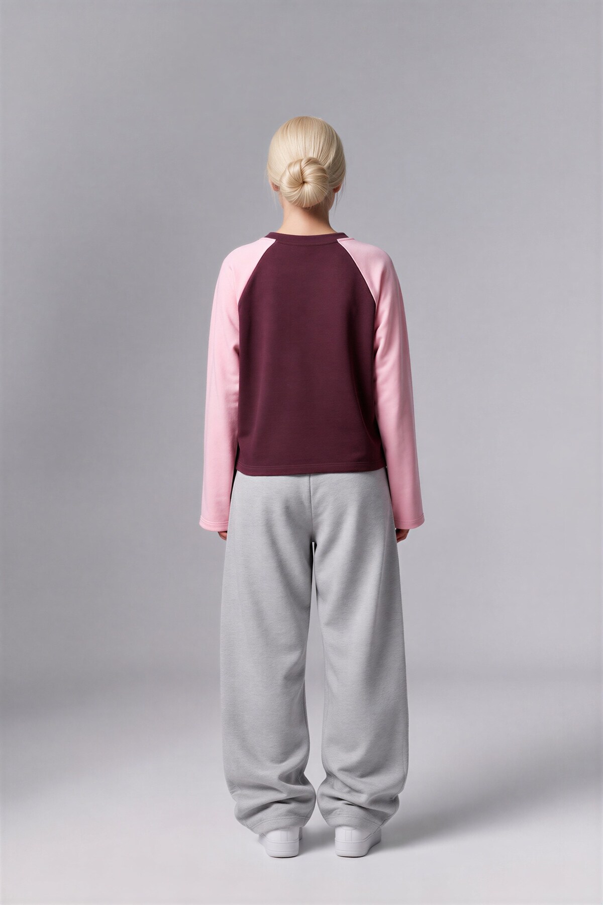 CrepTekstil Kadın Çift Renkli Reglan Kollu Bisiklet Yaka Uzun Kollu Oversize Sweatshirt 3iplik Şardonsuz- Pembe Mürdüm görsel 3