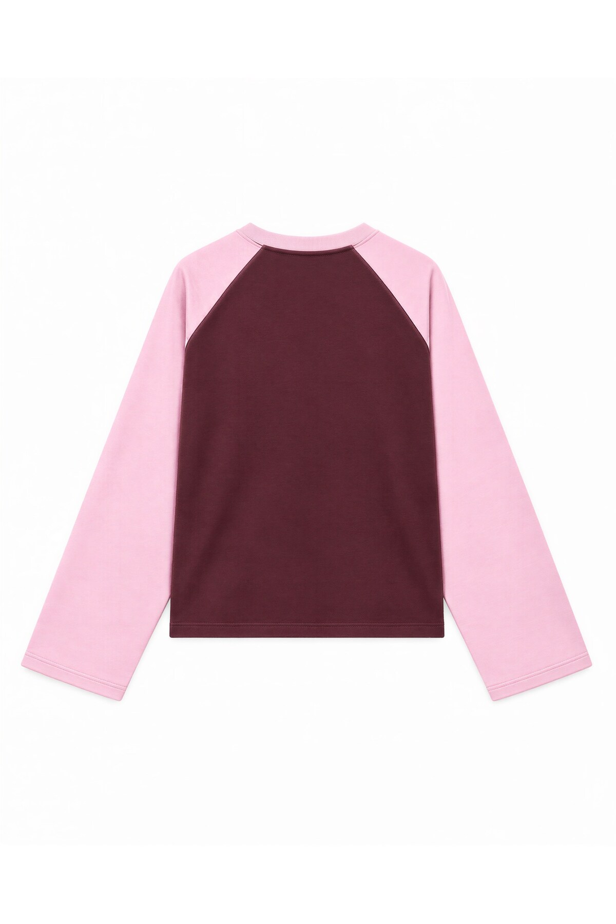 CrepTekstil Kadın Çift Renkli Reglan Kollu Bisiklet Yaka Uzun Kollu Oversize Sweatshirt 3iplik Şardonsuz- Pembe Mürdüm görsel 6