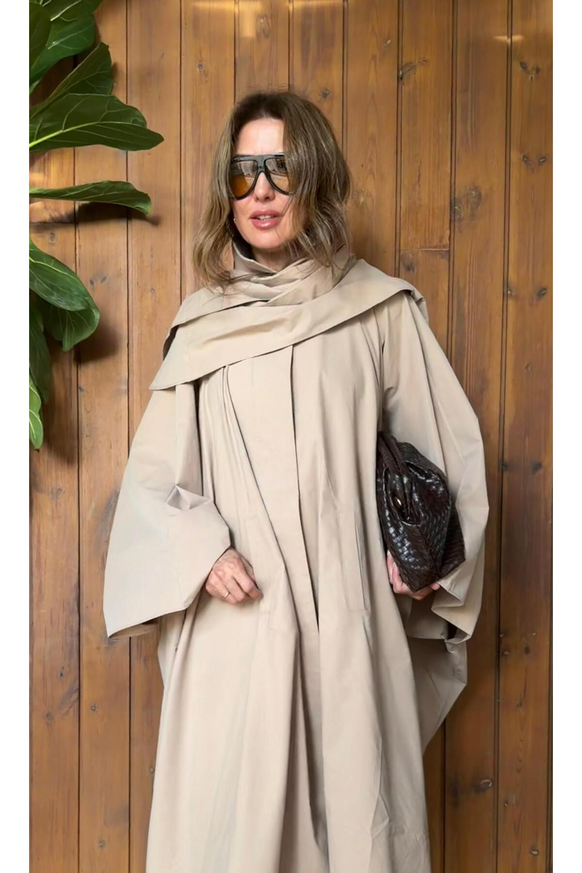 Aurélie Bej Oversize Pelerin Detaylı Uzun Trençkot görsel 4