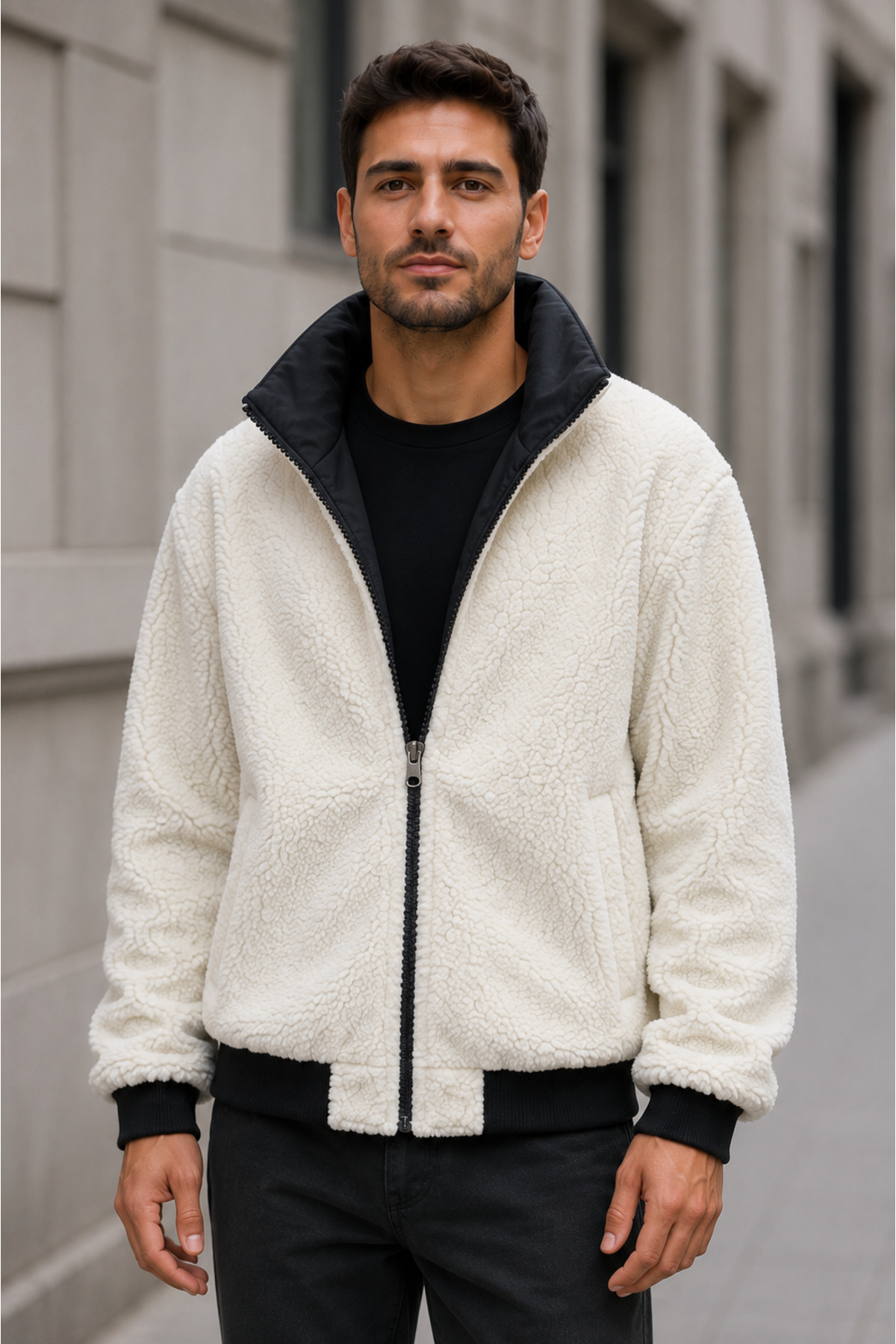 Çift Taraflı Dik Yaka Bomber Ceket — مشکی OTK25-CYB-03 — تصویر 3 از 8